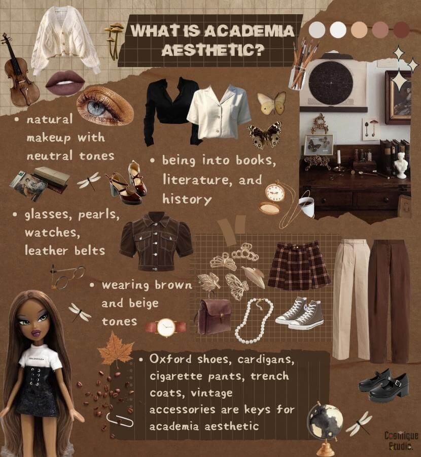 A guide to the dark academia aesthetic and its associated clothing items, which feature a sophisticated and intellectual style inspired by old-world academia. Common items include tweed blazers, turtlenecks, pleated skirts, loafers, and antique accessories.