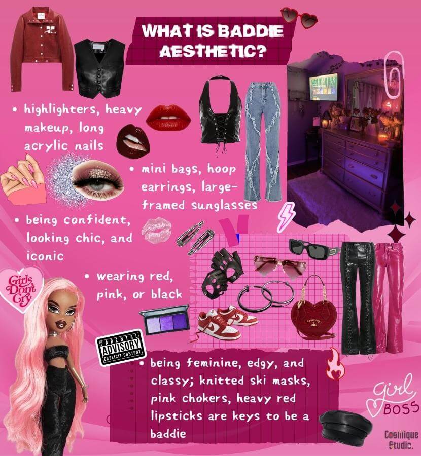A guide to the baddie aesthetic and its associated clothing items, which prioritize confidence and sexiness with a focus on form-fitting and revealing clothing. Common items include crop tops, bodycon dresses, high heels, hoop earrings, and bold makeup.