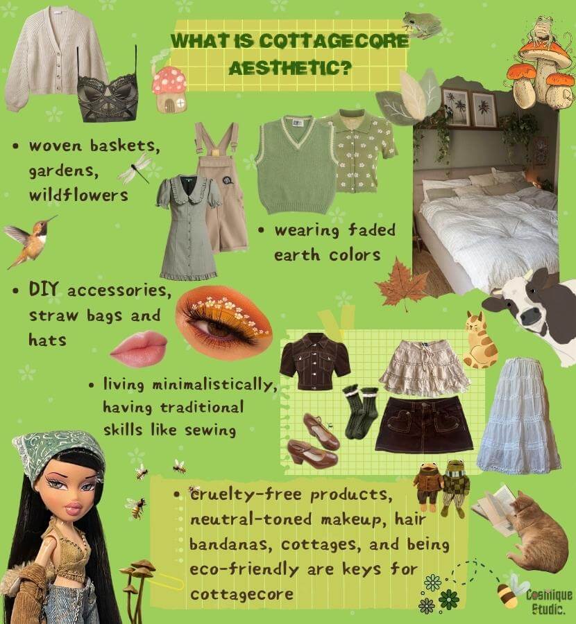 A guide to the cottagecore aesthetic and its associated clothing items, which prioritize a simple and rustic style inspired by countryside living. Common items include peasant blouses, overalls, straw hats, gardening gloves, and wicker baskets.