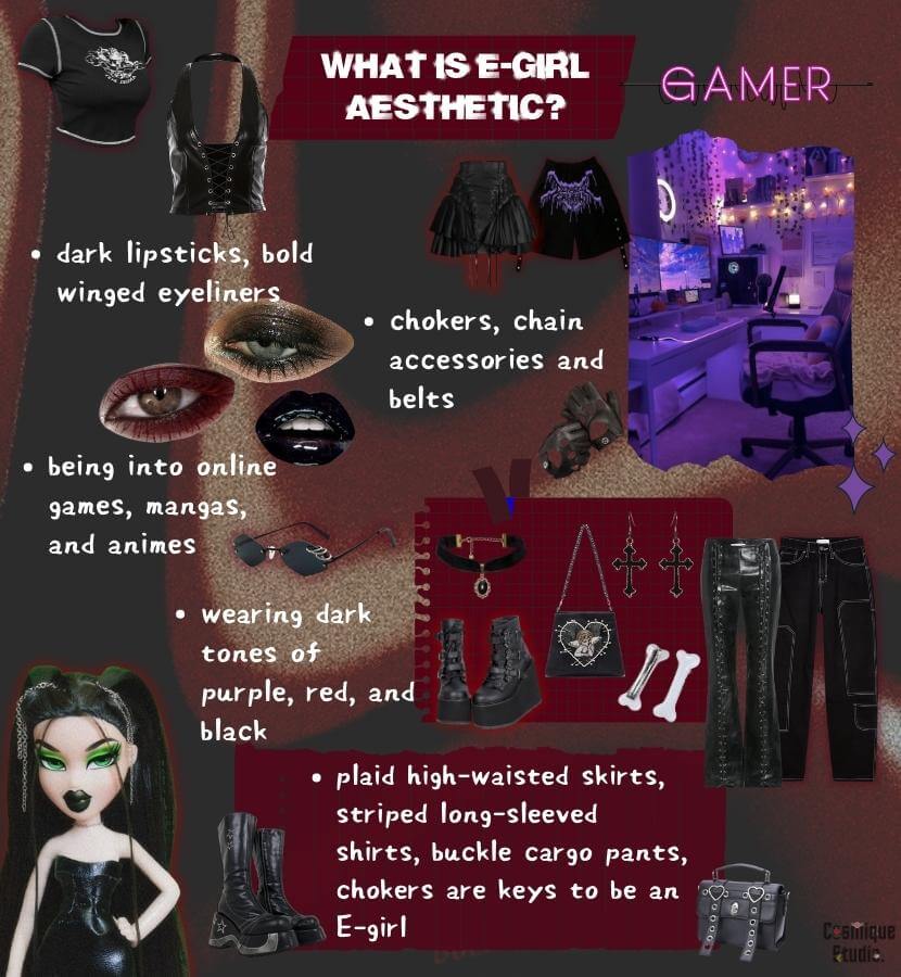 A guide to the e-girl aesthetic and its associated clothing items, which feature a dark and edgy style with a focus on bold makeup and colored hair. Common items include oversized t-shirts, plaid skirts, platform boots, fishnet stockings, and chain necklaces.