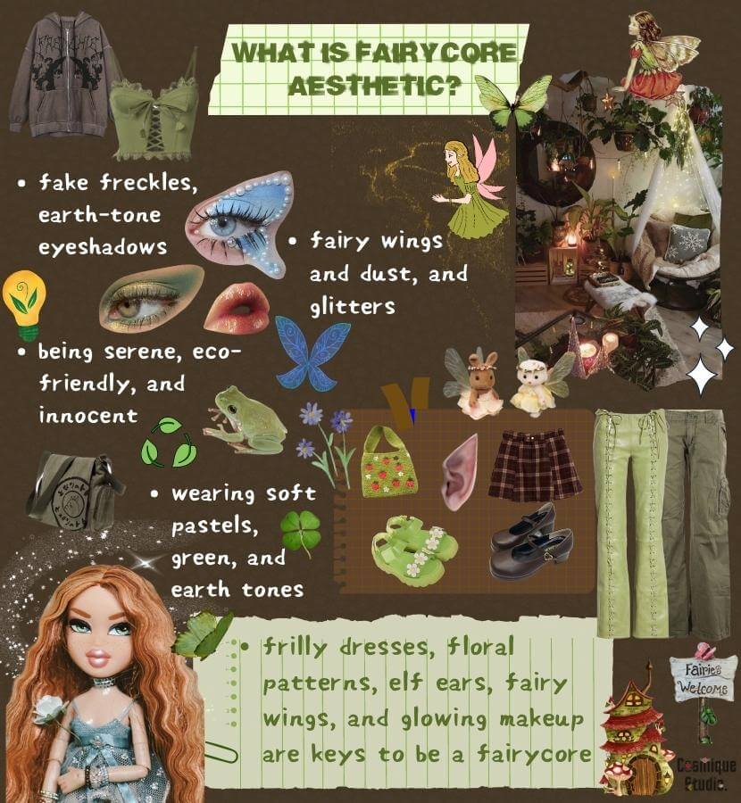 A guide to the fairycore aesthetic and its associated clothing items, which feature a whimsical and ethereal style inspired by nature and fantasy. Common items include flowing dresses, floral crowns, butterfly wings, elf ears, pointed boots, and crystal jewelry.