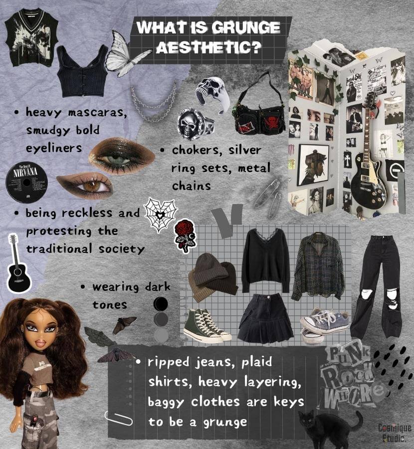 A guide to the grunge aesthetic and its associated clothing items, which emphasize a dark style with a focus on oversized and distressed pieces. Common items include leather jackets, ripped jeans, combat boots, band tees, chokers, and black lipstick.