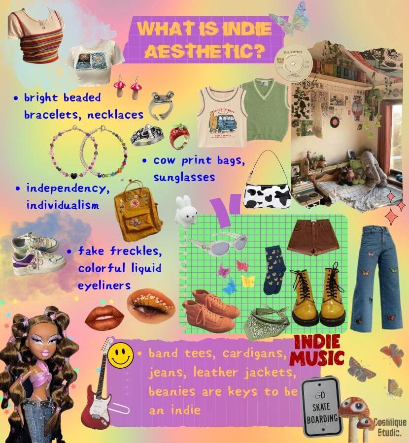 A guide to the indie aesthetic and its associated clothing items, which emphasize a unique and alternative style with a focus on vintage and thrifted pieces. Common items include oversized sweaters, ripped denim, flannels, Converse sneakers, beanies, and graphic tees.