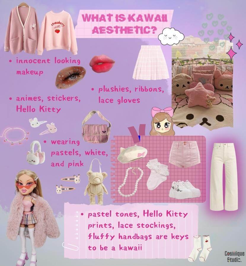 A guide to the kawaii aesthetic and its associated clothing items, which prioritize cuteness and innocence with a focus on bright colors and playful patterns. Common items include frilly skirts, pastel-colored tops, animal ear headbands, plush toys, and bubble tea-shaped accessories.