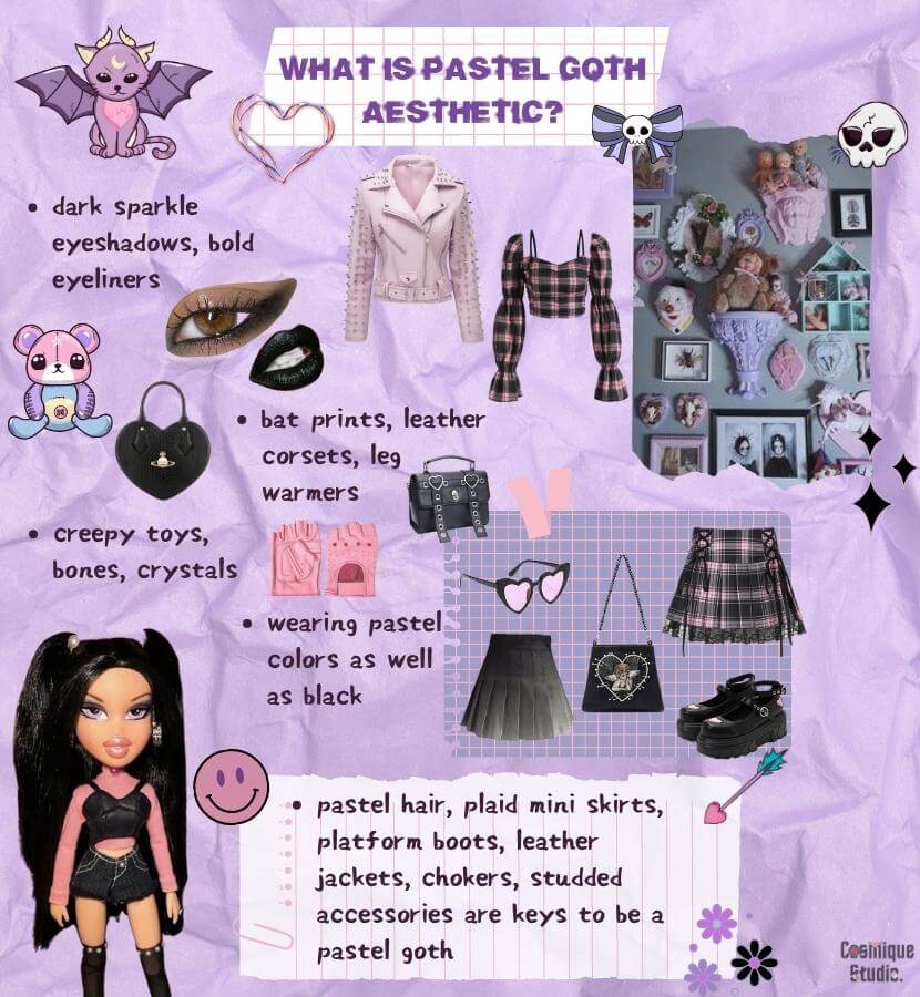 A guide to the pastel goth aesthetic and its associated clothing items, which feature a combination of dark and edgy elements with a soft and pastel color palette. Common items include fishnet tights, plaid mini skirts, Mary Jane shoes, chokers. 