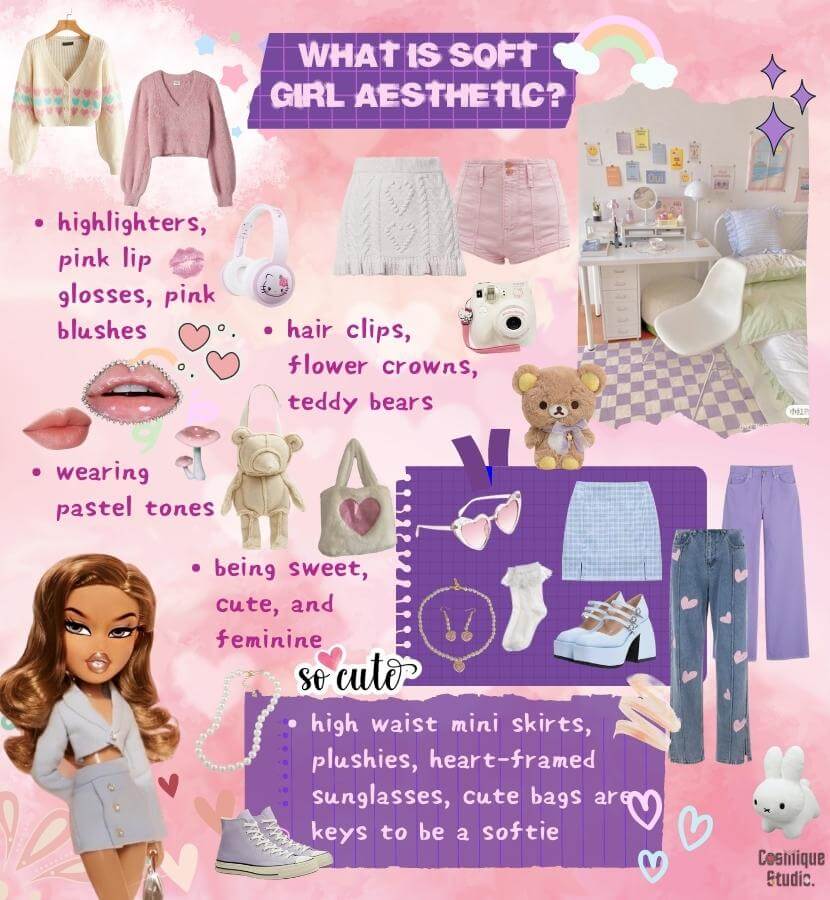 A guide to the soft girl aesthetic and its associated clothing items, which emphasize a cute and innocent style with a focus on pastel colors and feminine details. Common items include flowy skirts, oversized sweaters, scrunchies, platform shoes, and fuzzy jackets.