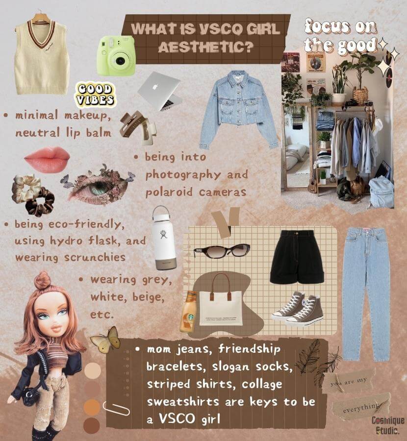 A guide to the VSCO girl aesthetic and its associated clothing items, which feature a beachy and laid-back style inspired by social media trends. Common items include oversized t-shirts, scrunchies, Birkenstock sandals, shell jewelry, and Hydro Flask water bottles.