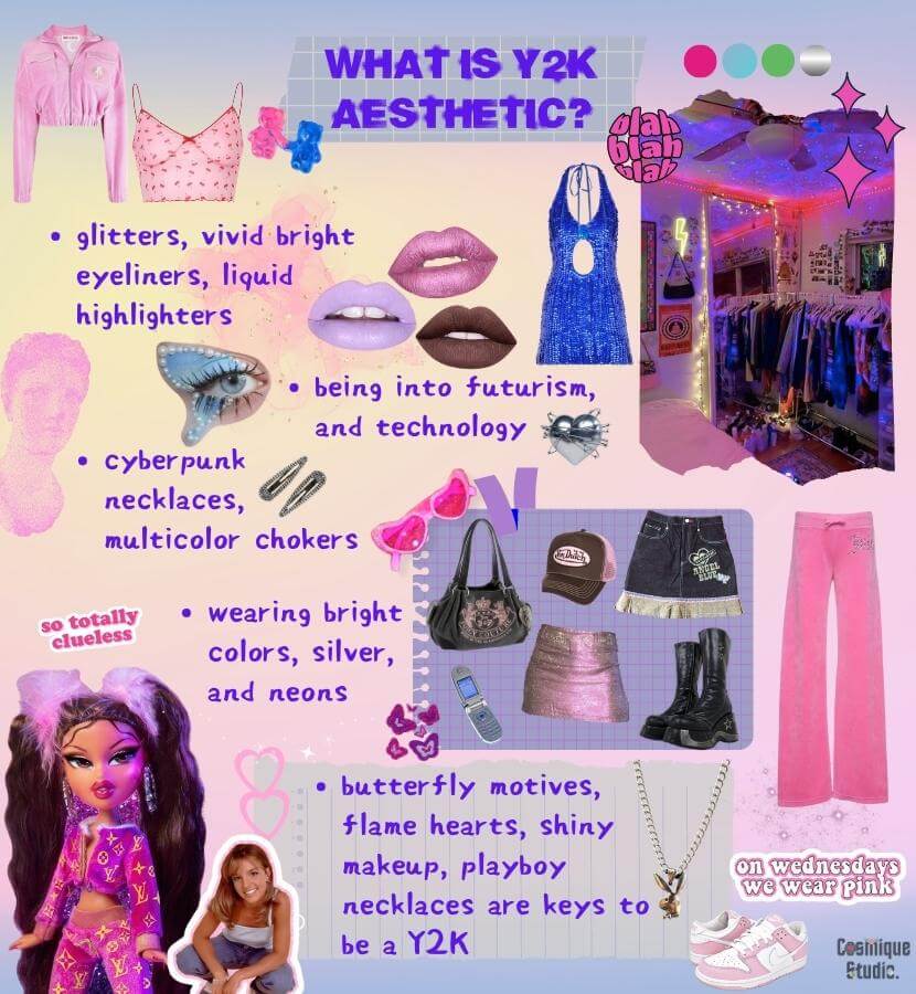 A guide to the Y2K aesthetic and its associated clothing items, which feature a futuristic and nostalgic style inspired by the early 2000s. Common items include low-rise jeans, crop tops, mini skirts, platform sneakers, and chunky belts.