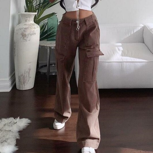 Indie aesthetic pocket design loose brown pants