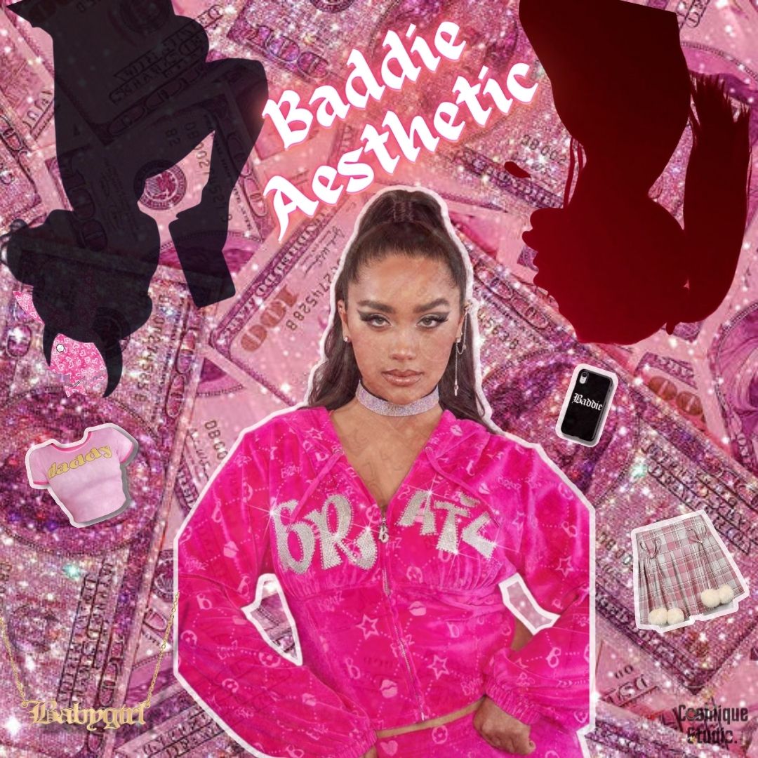 A girl wearing heavy makeup while dressing up a pink baddie aesthetic outfit with a phone case, a pink crop top, a skirt and a babygirl necklace 