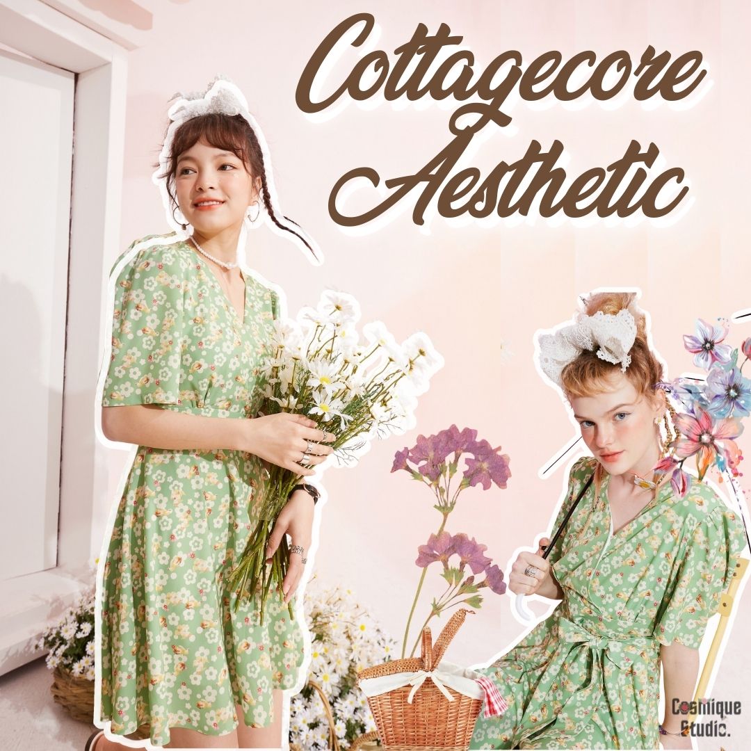 Cottagecore aesthetic girls with hairbuns  wearing flowered green dresses  