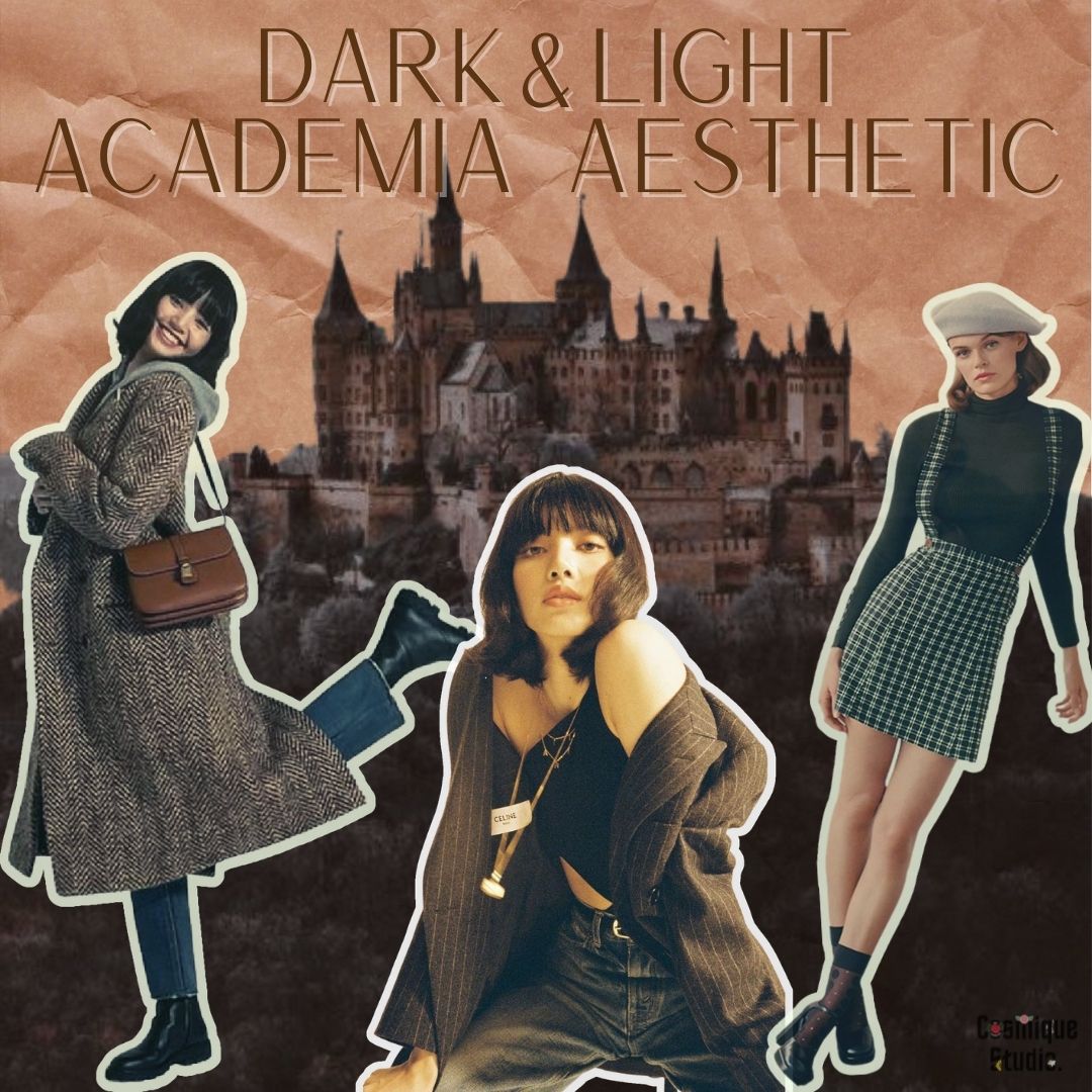 dark and light academia aesthetic girls with a long coat, a jacket and a brown bag with a painter hat