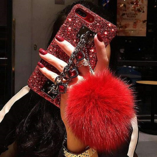 luxury fur ball crystal strap phone case
