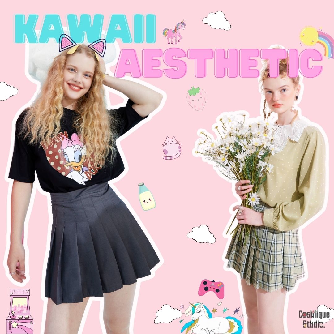 Blonde girls wearing kawaii aesthetic clothes like cute skirts in a pink enviroments with ponies
