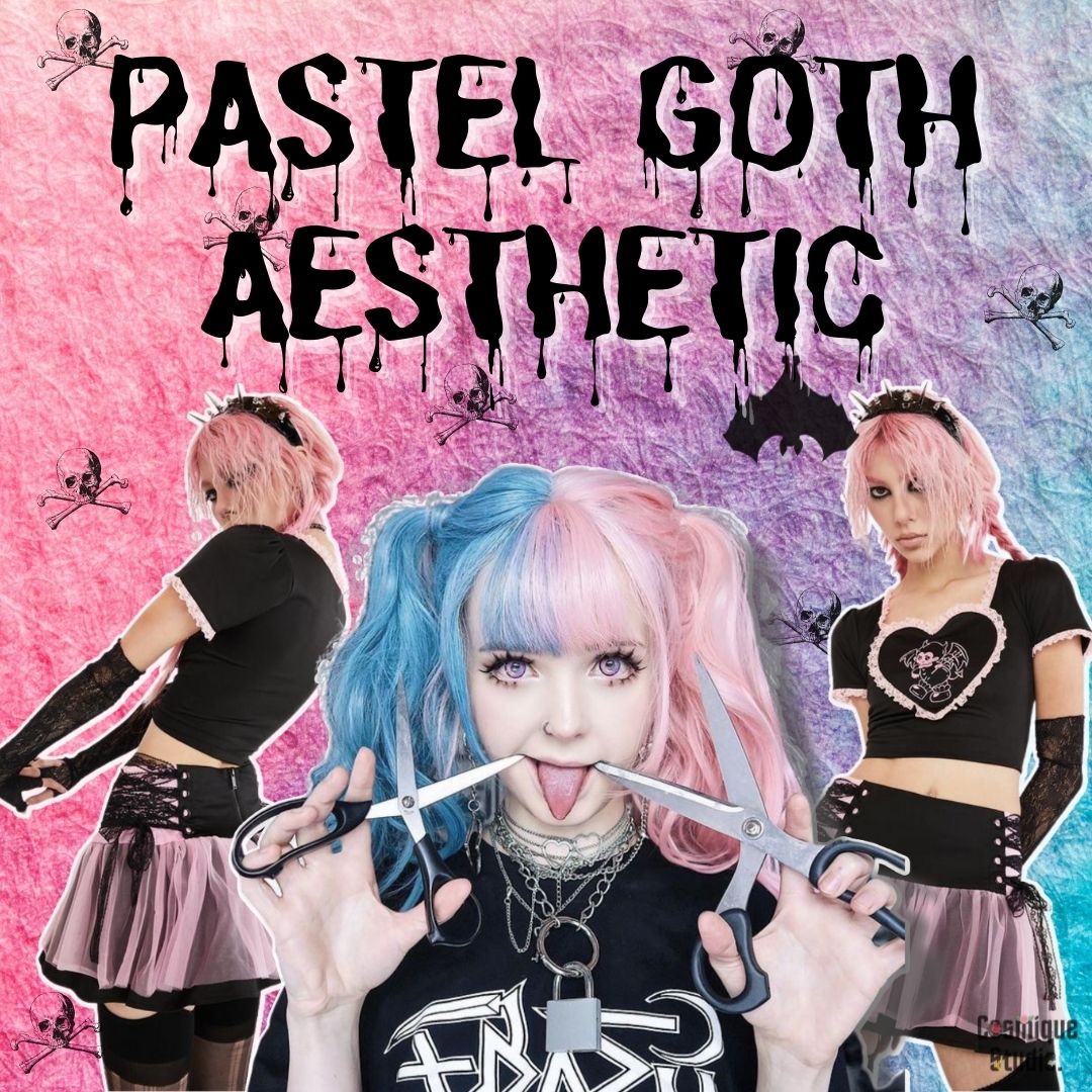 Pastel goth aesthetic girls with pastel dyed hair,  black crop tops, studded headbands, and skirts surrounded by bats and skulls