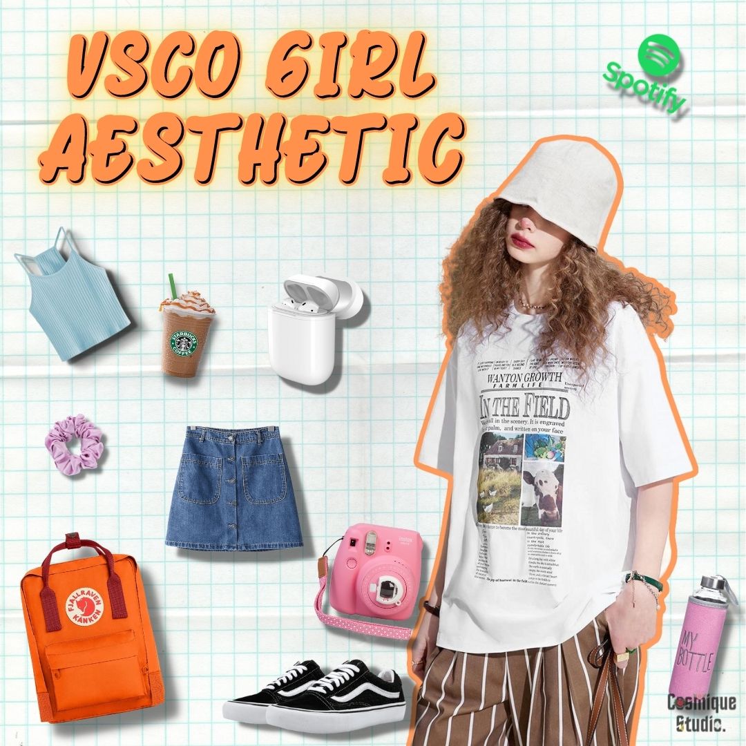 A girl wearing vsco aesthetic clothes such as a hat and a t-shirt with a bracelet, and her accessories like a kanken bag, starbucks,  vans, a hydro flask,a blue crop top and a skirt. and a retro  camera