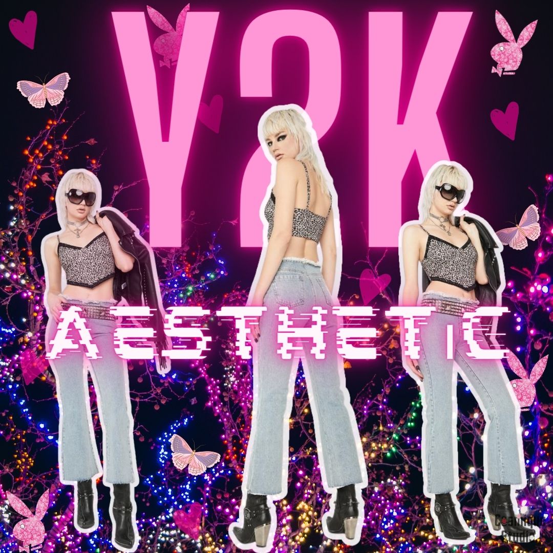 y2k aesthetic girl with sunglesses, a croptop, jeans, shoes and a choker