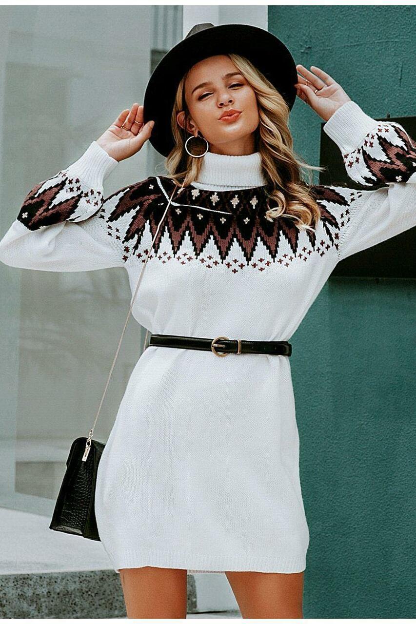 GEOMETRIC KNITTED TURTLE NECK PULLOVER RETRO DRESS