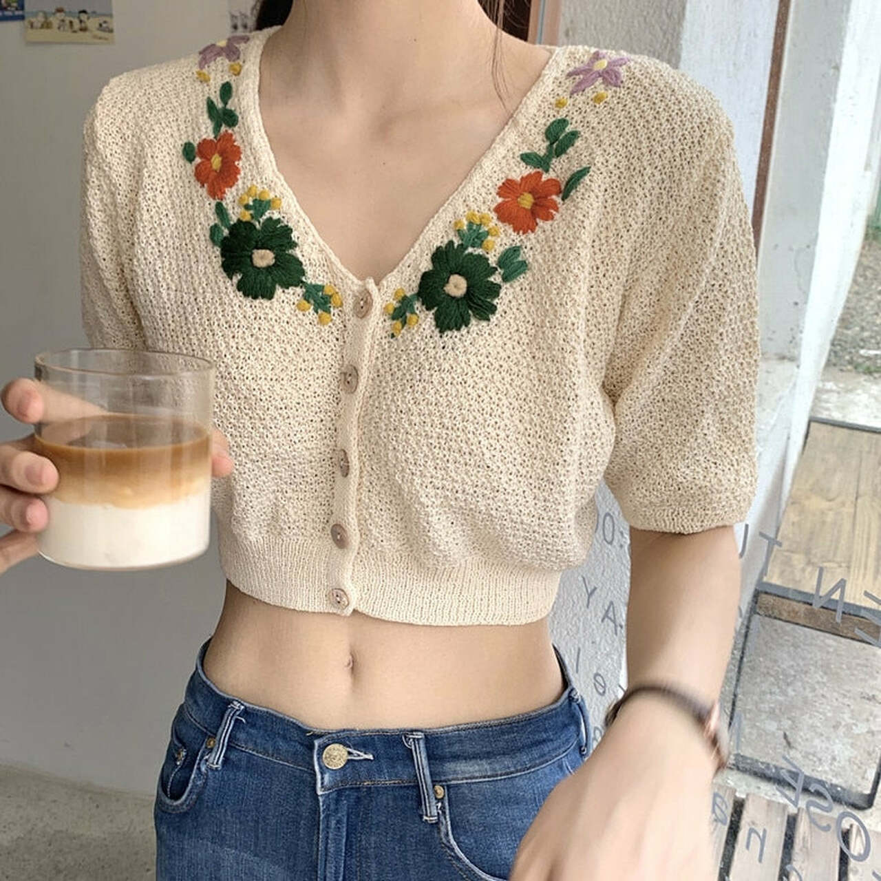 90S AESTHETIC KNITTED FLORAL NECK SHORT SLEEVE SWEATER