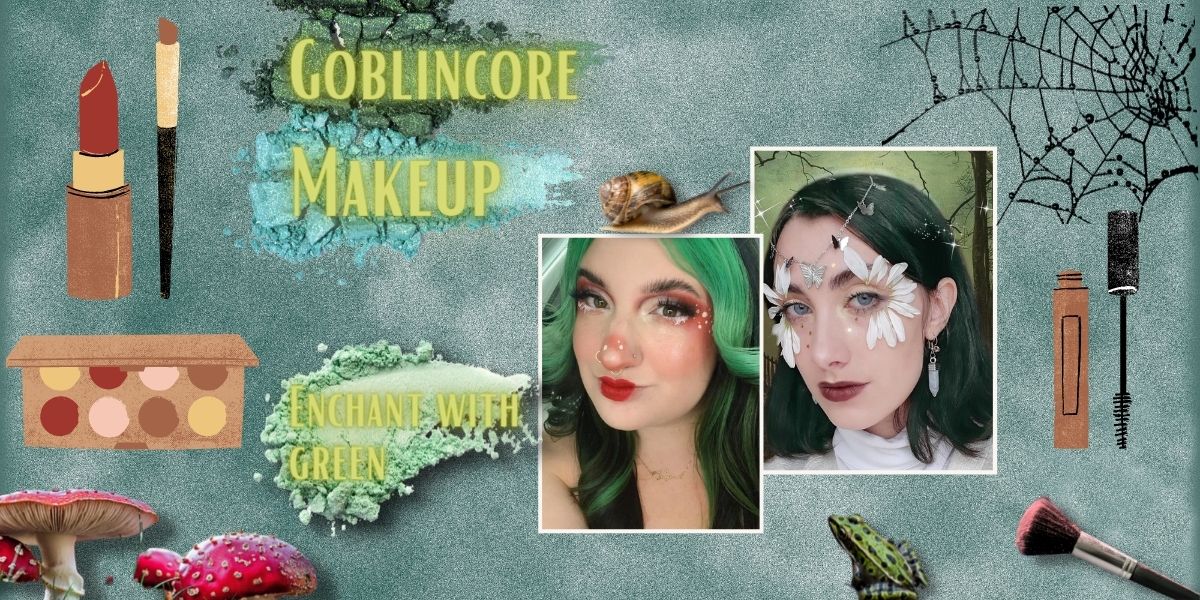 Goblincore items and makeup details such as green eyeshadows, lipsitcks, an eyeshadow palette 