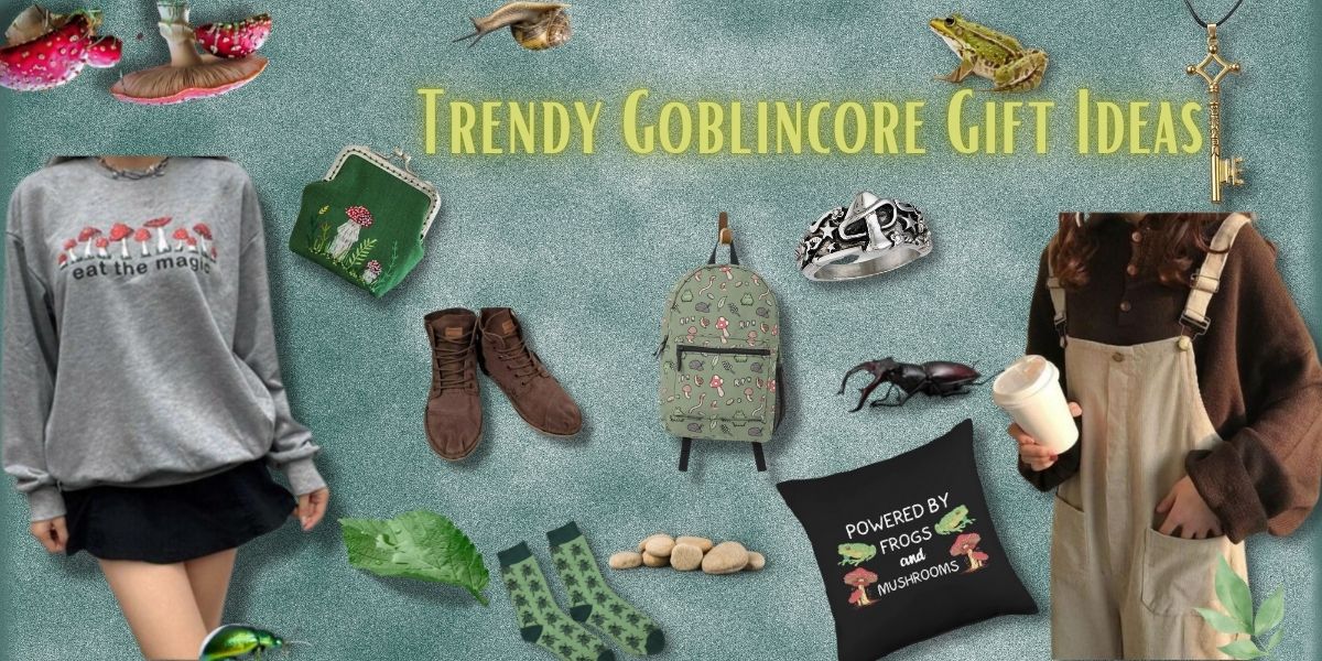 Trendy Goblincore Gift Ideas including mushroom clothes and necklaces, a ring, a purse, a cushion