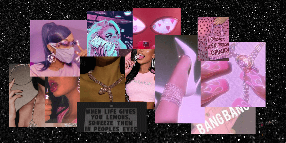 multiple inpirational baddie photos collage made mostly in glitter and pink