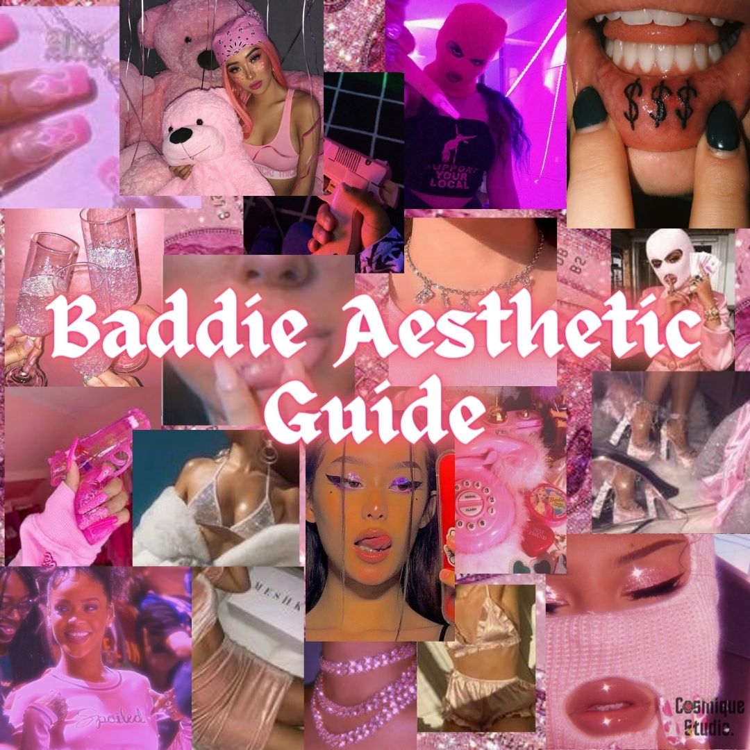 baddie aesthetic guide with baddie style accessories, masks, shoes, tattoos, outfits and girls