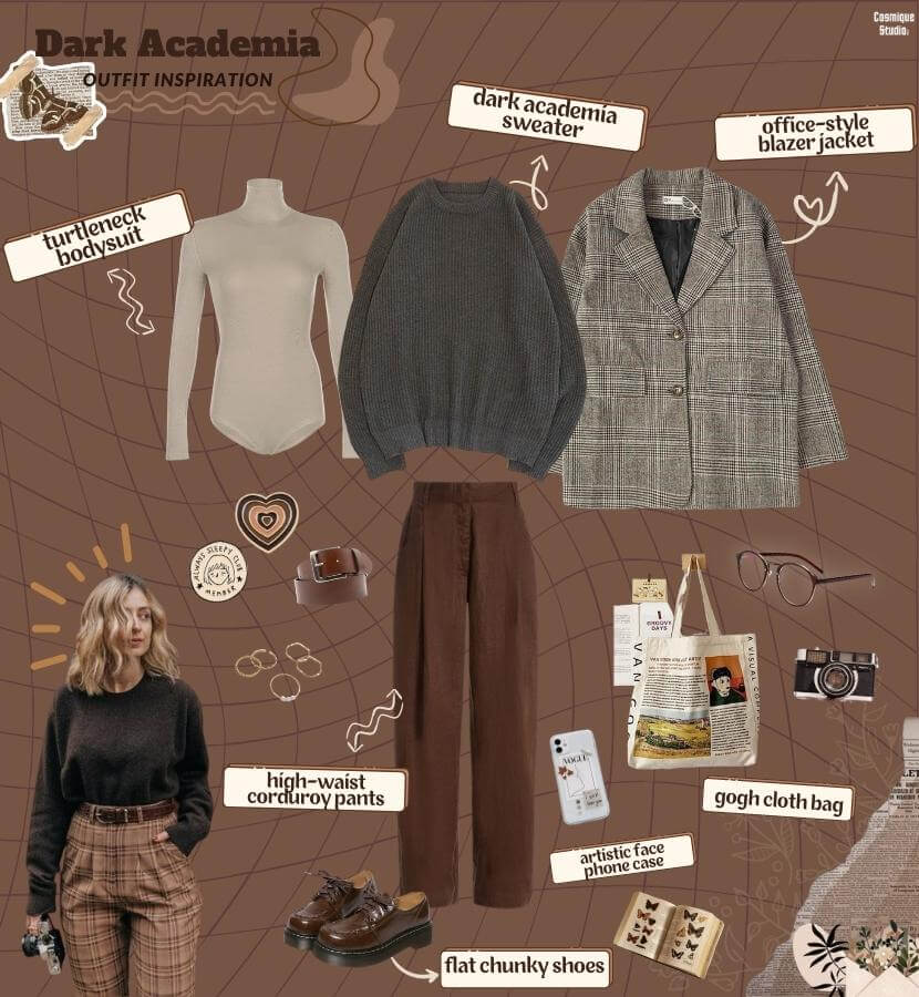 A dark academia aesthetic woman's outfit featuring an oversized sweater, high-waisted corduroy pants, plaid blazer jacket, cream turtleneck bodysuit, brown chunky shoes, and brown glasses. Accessorized with a cloth bag, an aesthetic phone case, and art-inspired brooches.