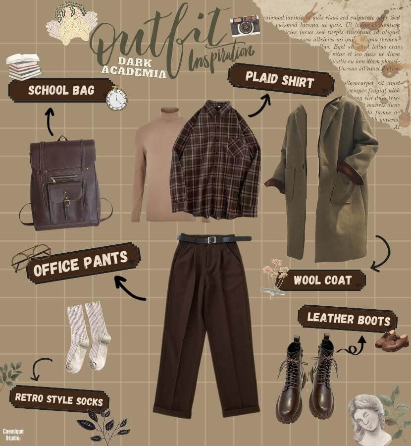 An outfit description for the dark academia aesthetic, including a plaid shirt, elegant office pants, a long beige wool coat, vintage school bag, sleek ankle boots, and retro-style socks. 