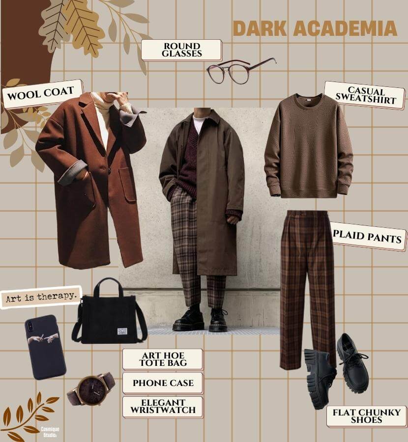 A description of a men's dark academia outfit, including horn-rimmed glasses, a light brown casual sweatshirt, brown plaid pants, a black tote bag, an aesthetic phone case, an elegant wristwatch, black flat chunky shoes, and a long wool coat. 