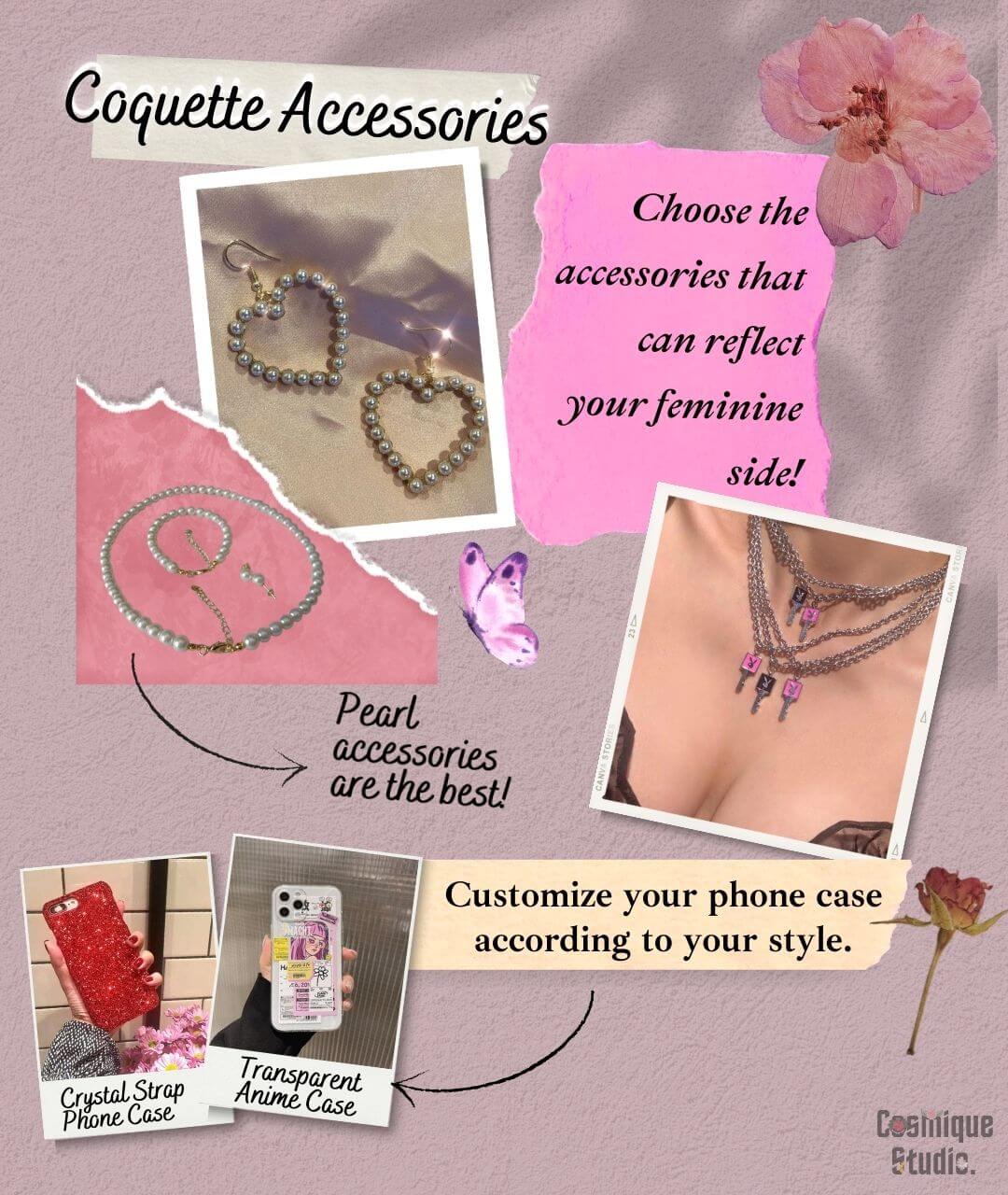Coquette accessory ideas to show femininity such as pearl jewelry, customized phone cases