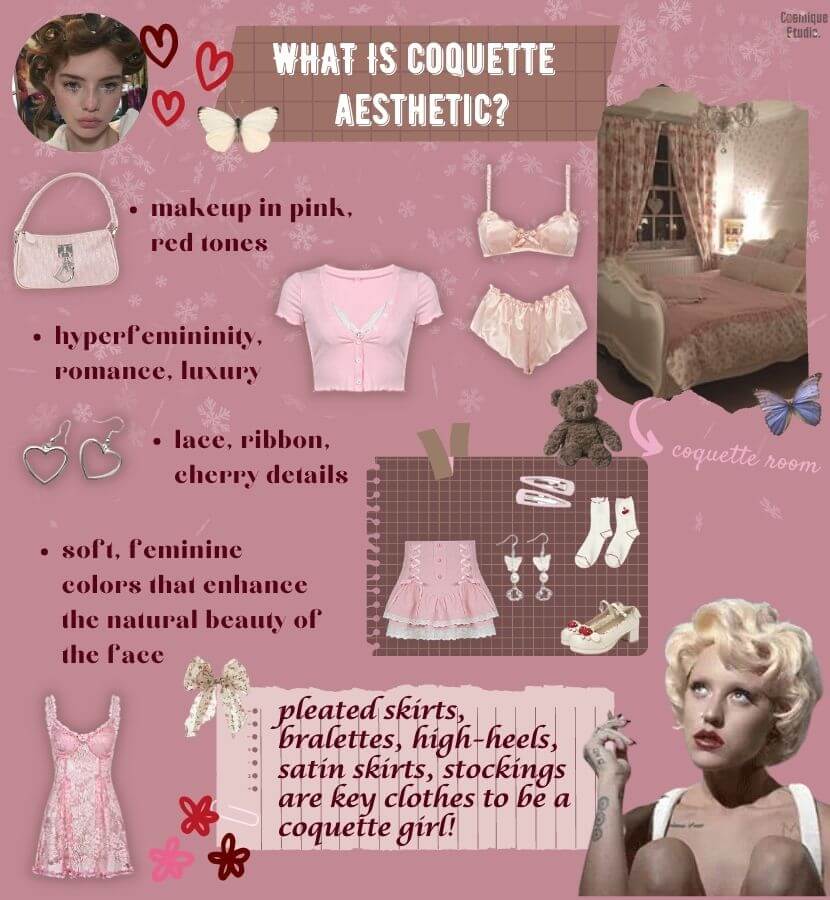 A guide to the coquette aesthetic and its associated clothing items, which emphasize a playful and flirtatious attitude with a focus on femininity and sensuality.