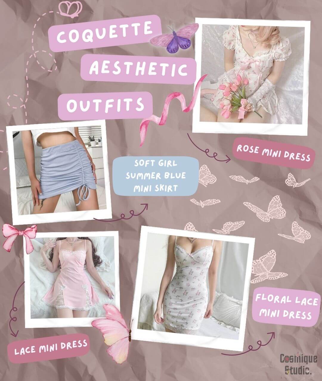 Coquette aesthetic outfits to buy, including lace mini dress, floral lace mini dress, rose mini dress, and soft girl summer blue mini skirt 