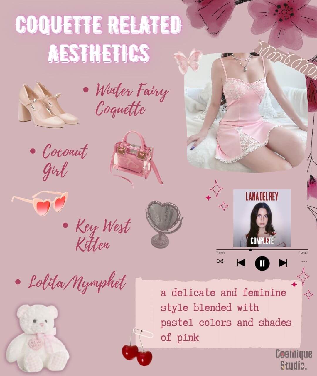 Related aesthetics to coquette aesthetic, winter fairy coquette, coconut girl, key west kitten, lolita or nymphet with the examples of coquette items