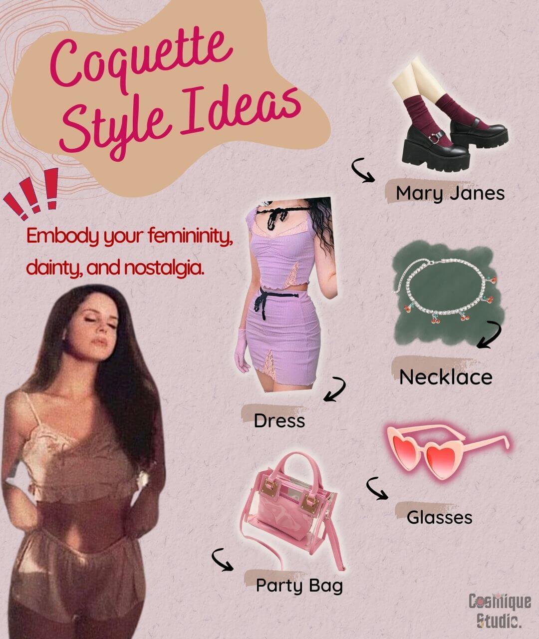 Coquette style tips for girls including five key pieces such as glasses, bags, dress, necklace, and Mary Janes