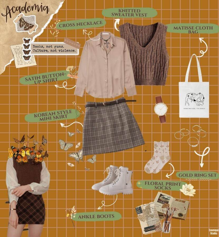 A dark academia women outfit idea including a brown sweater vest paired with a beige satin button-up shirt, completed with a pearl cross detailed necklace and a wristwatch. A plaid mini skirt is paired with floral print cream socks and cream ankle boots. A minimalist cloth bag completes the look.