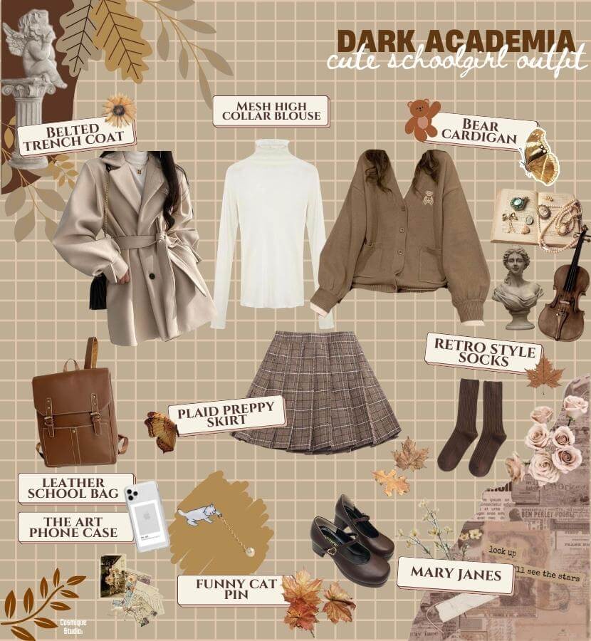 A trendy dark academia outfit featuring a belted trench coat, high collar mesh blouse, cosy bear cardigan, plaid mini skirt, brown socks, and Mary Jane shoes with a brown leather school bag, cat pin, and minimalistic phone case for accessorizing.