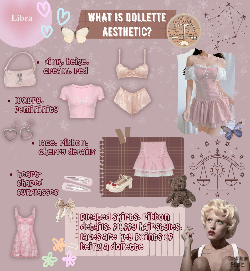 The key points of dollette aesthetic associated with Libra sign including pastel tones, luxury, feminine values, lace details, pleated skirts, fluffy hairstyles, etc.