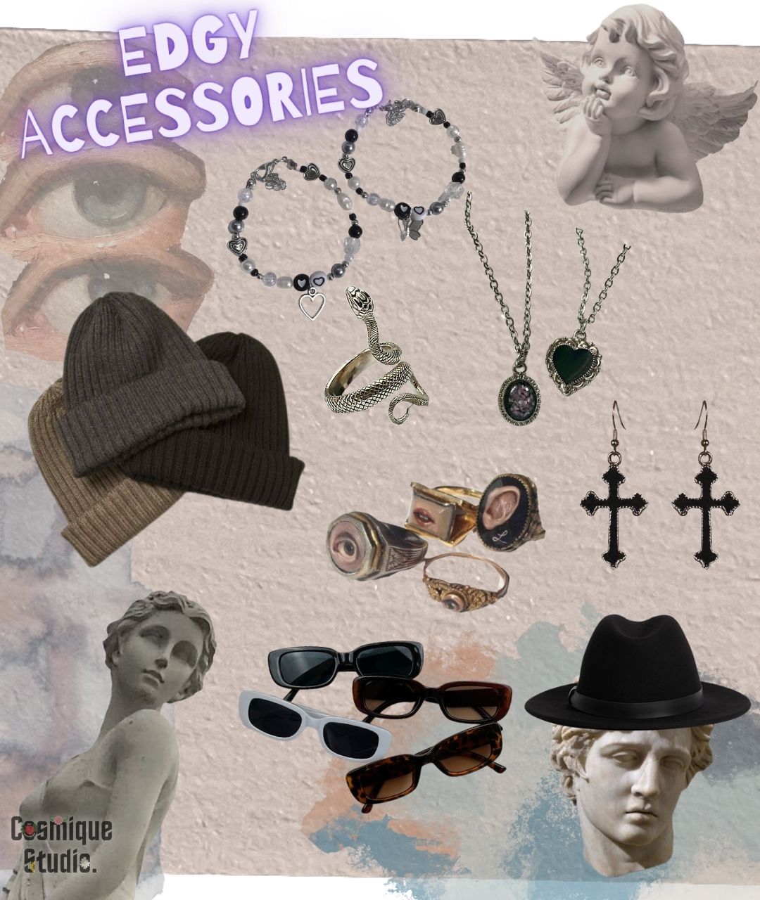 Edgy accessory inspiration collage, edgy necklace, edgy beanie, edgy sunglasses, edgy earrings