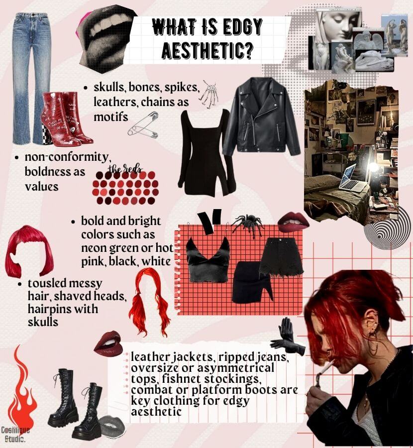 A guide to the edgy aesthetic and its associated clothing items, which emphasize a bold and rebellious attitude with a focus on individuality and nonconformity.