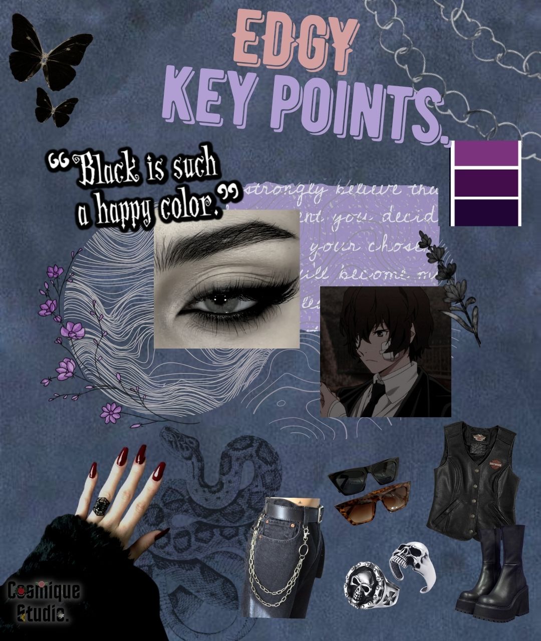 Key points of edgy aesthetic makeup, accessories, key colors, key values, key clothes, edgy anime pfp