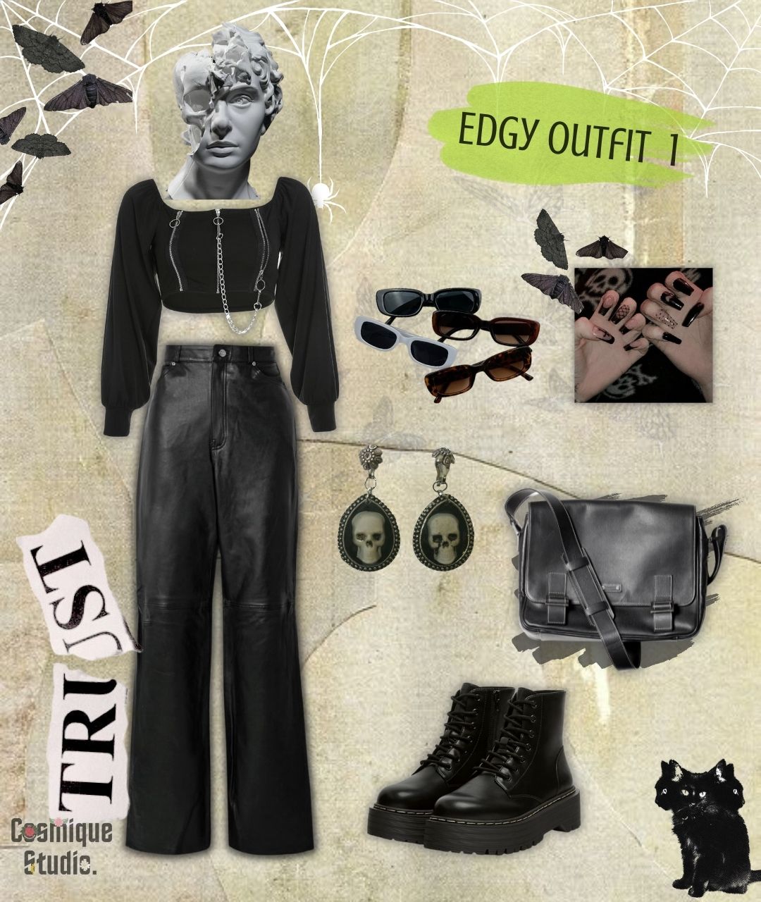 Edgy outfit inspiration with leather black pants, edgy black long sleeve crop top, leather black bag and leather black platform boots