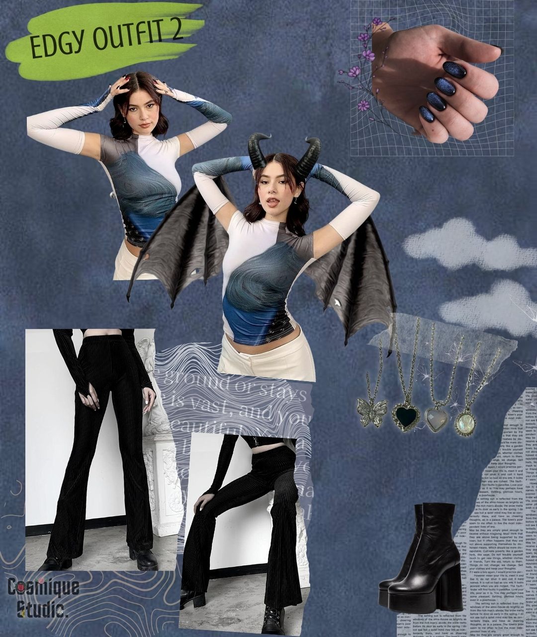 Edgy outfit inspiration with edgy wave design long sleeve gloves blue crop top, sexy egirl vintage black pants, a pair of black high heeled leather boots and heart-shaped necklaces