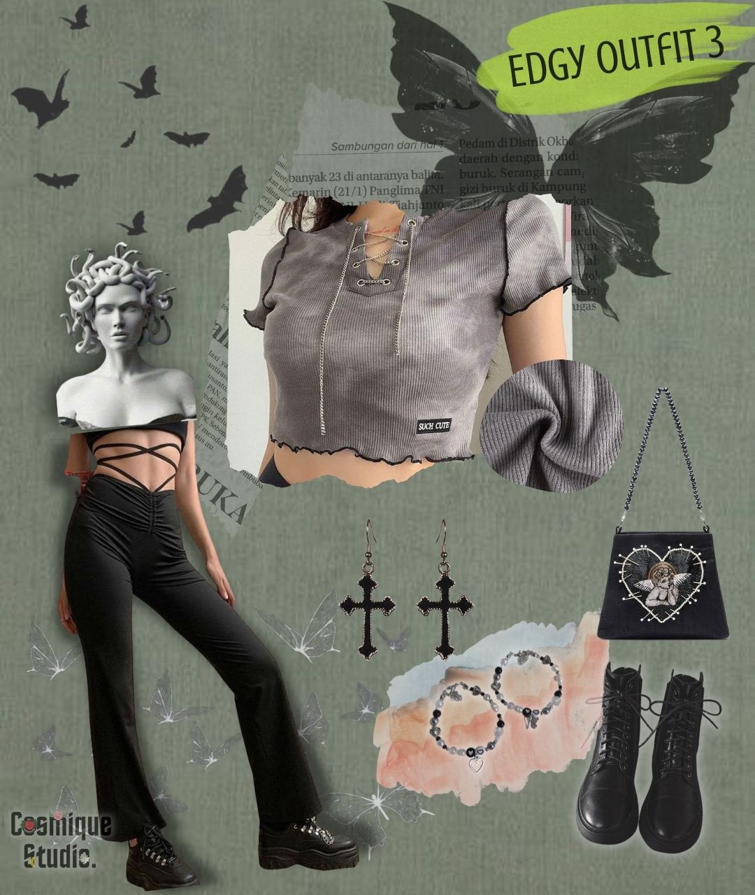 Edgy outfit inspiration collage with grunge aesthetic ankle boots, edgy aesthetic tie neck regular fit grey crop top and edgy high waist bandage pants