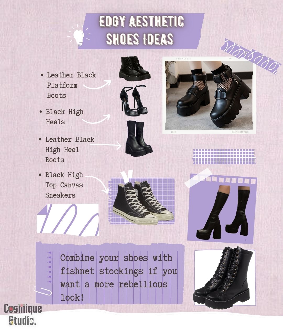 Edgy aesthetic shoes ideas flowchart outfit board with instructions