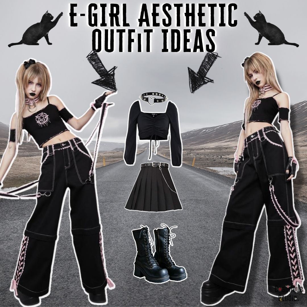 a girl wearing egirl aesthetic shoes, pants, a crop top and some egirl outfit ideas with a cat