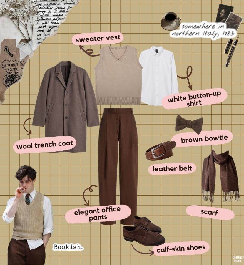 A dark academia-inspired office outfit for men including a white button-up shirt, beige sweater vest, brown office pants, and light brown wool coat. The outfit is completed with suede calf-skin shoes, a matching belt, and a bowtie for a refined touch.