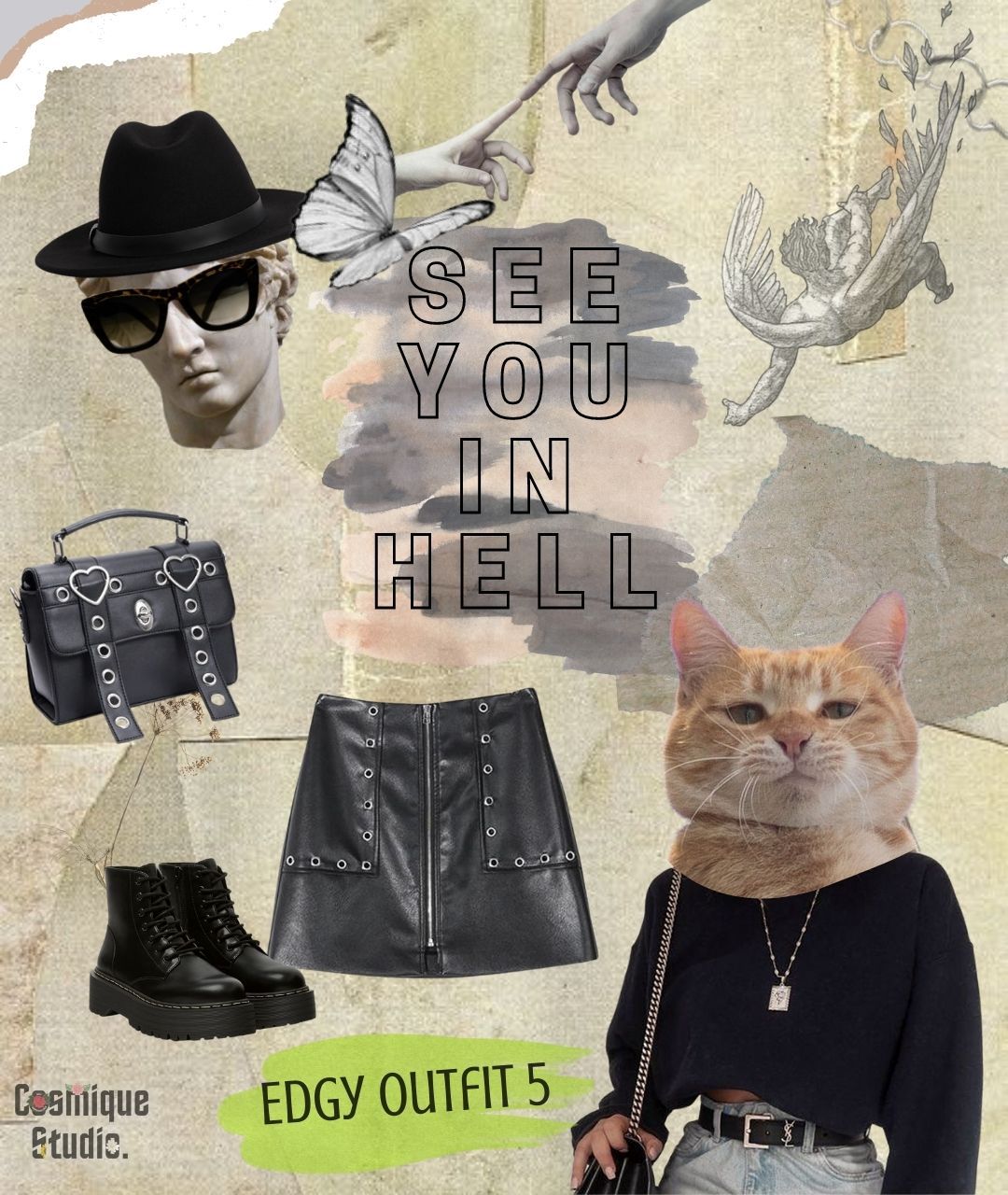 Edgy outfit inspiration collage with black fedora hat, leather black platform boots, leather black heart-detailed shoulder bag, edgy long sleeve crop sweatshirt, black solid sexy leather river zipper mini skirt