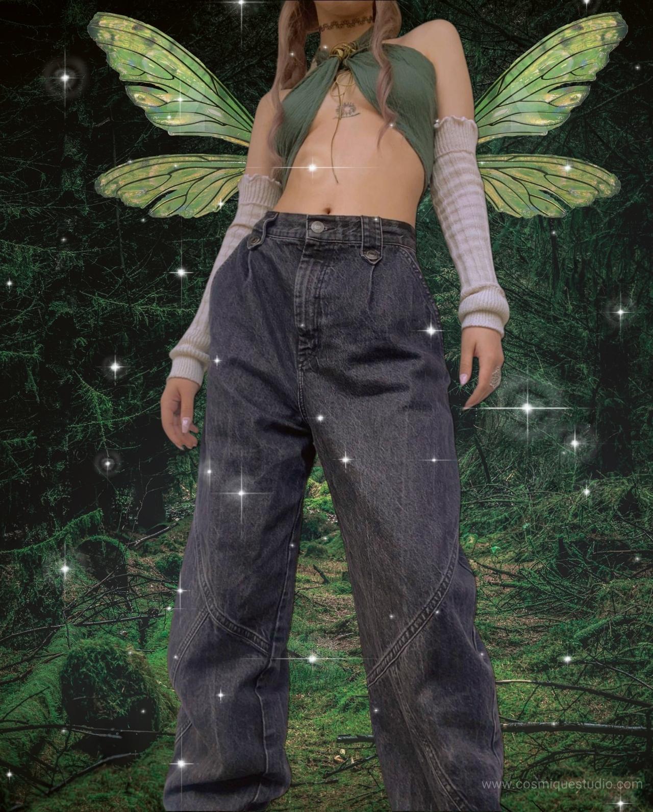 Fairy grunge aesthetic outfits and accessories such as a green crop top, pants, fairy wings and a choker.