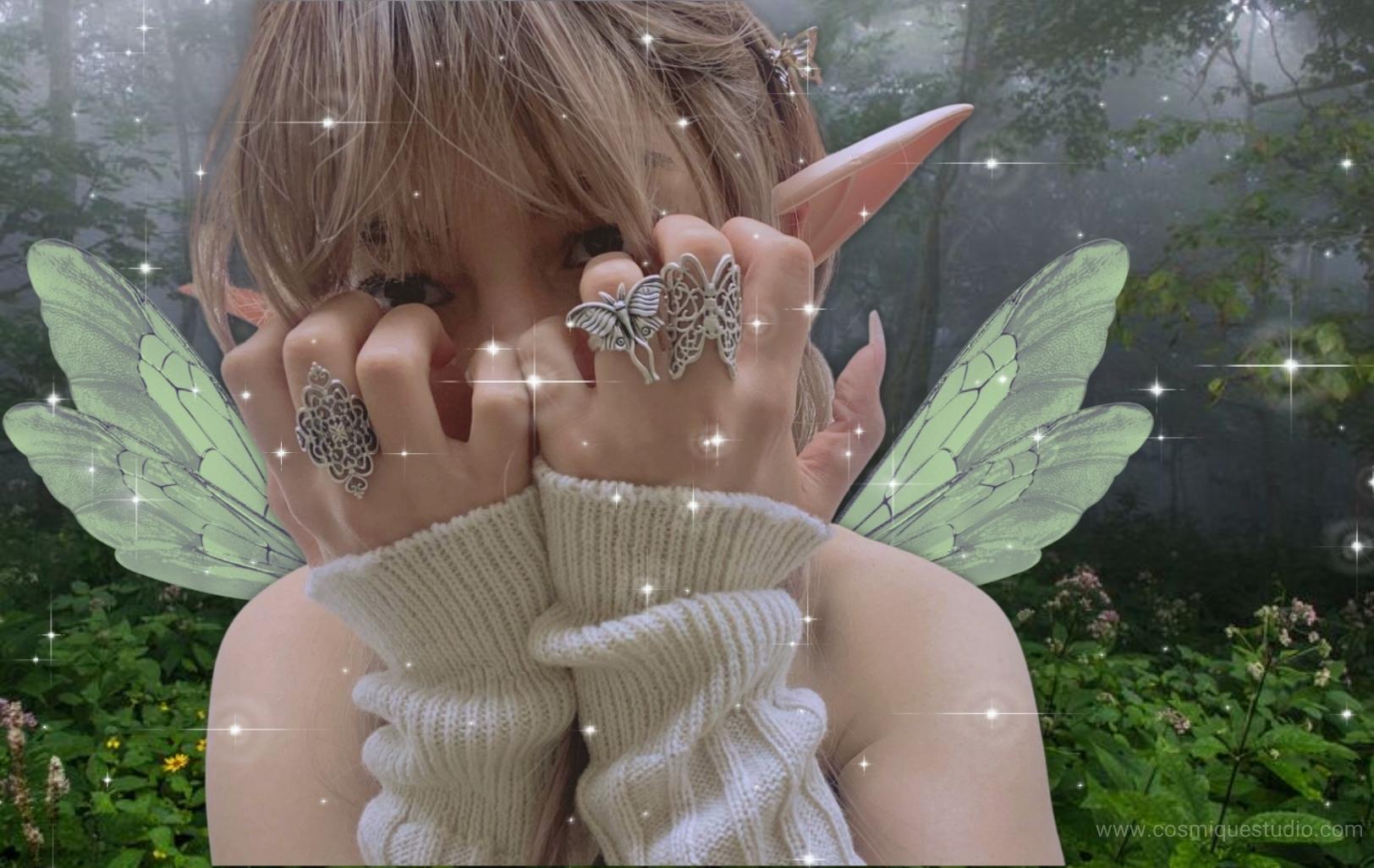 A fairy grunge aesthetic girl wearing silver ringsets, she also has elf ears and fairy wings.